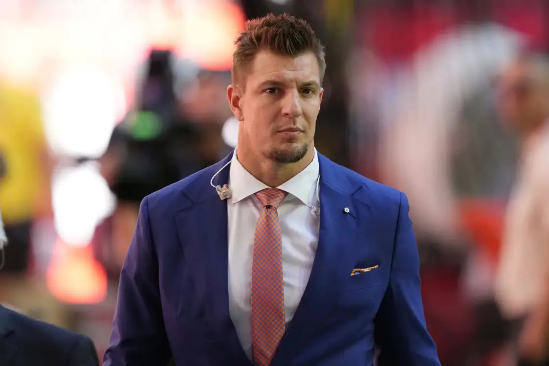 Feb 12, 2023; Glendale, Arizona, US; Former NFL player Rob Gronkowski looks on before Super Bowl LVII between the Kansas City Chiefs and the Philadelphia Eagles at State Farm Stadium. Mandatory Credit: Joe Camporeale-Imagn Images