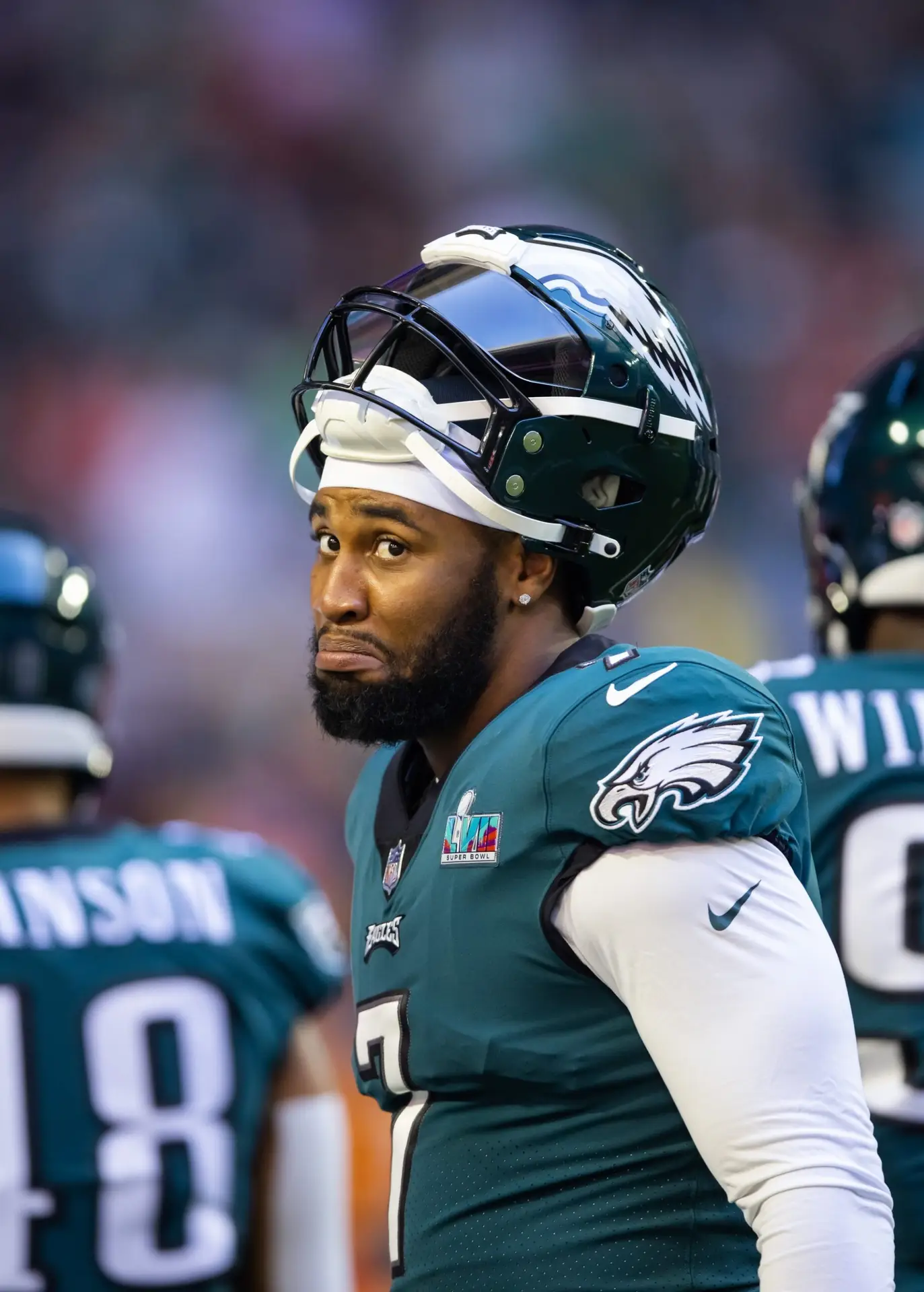 Feb 12, 2023; Glendale, Arizona, US; Philadelphia Eagles linebacker Haason Reddick (7) reacts against the Kansas City Chiefs during Super Bowl LVII at State Farm Stadium. Mandatory Credit: Mark J. Rebilas-USA TODAY Sports