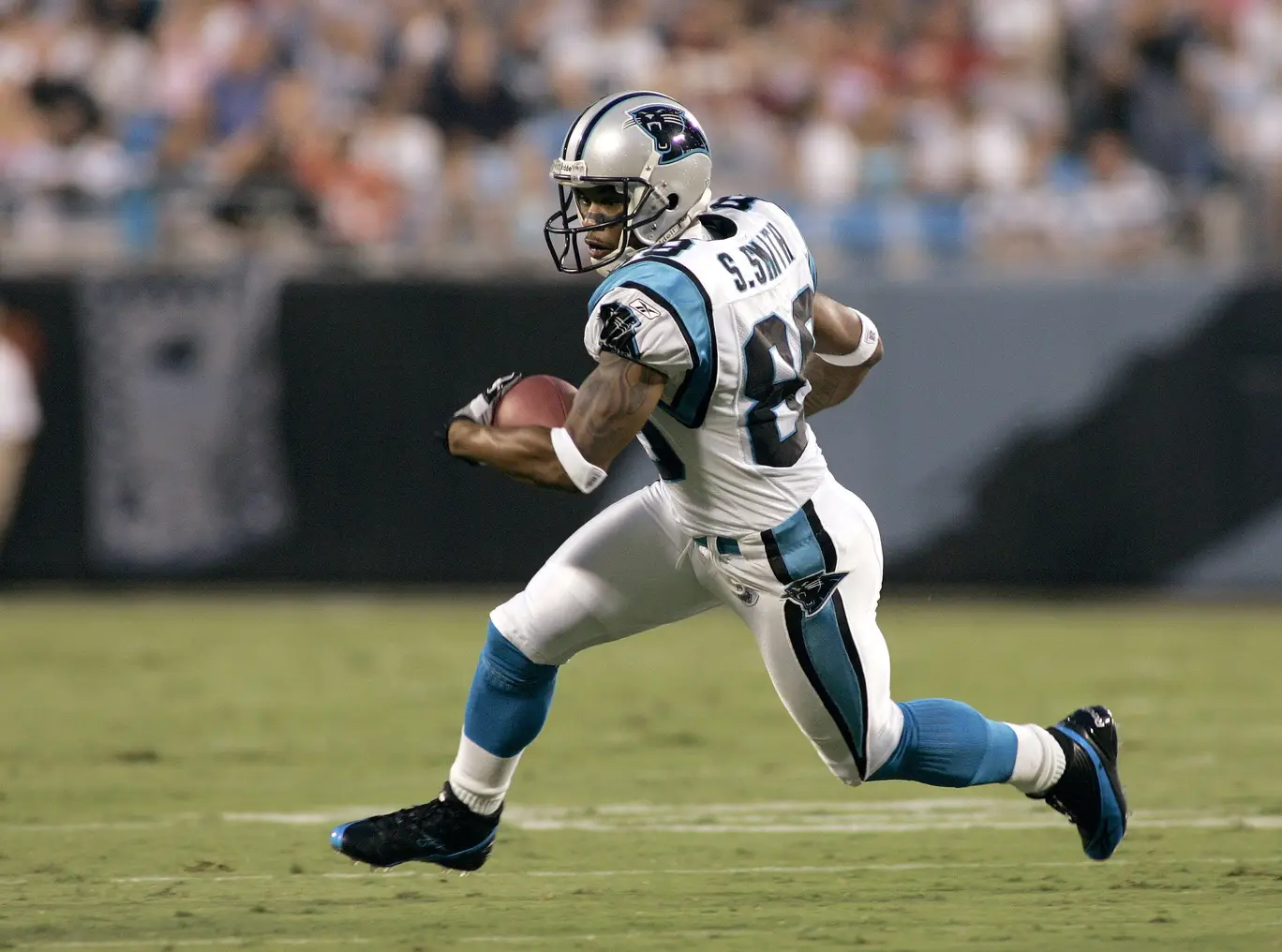 August 13, 2005; Charlotte, NC, USA; Receiver Steve Smith Sr #89 of the Carolina Panthers runs after making a catch against the Washington Redskins during the first quarter of an exhibition game at Bank of America Stadium. Mandatory Credit: Photo By Grant Halverson-USA TODAY Sports Copyright (c) 2005 Grant Halverson