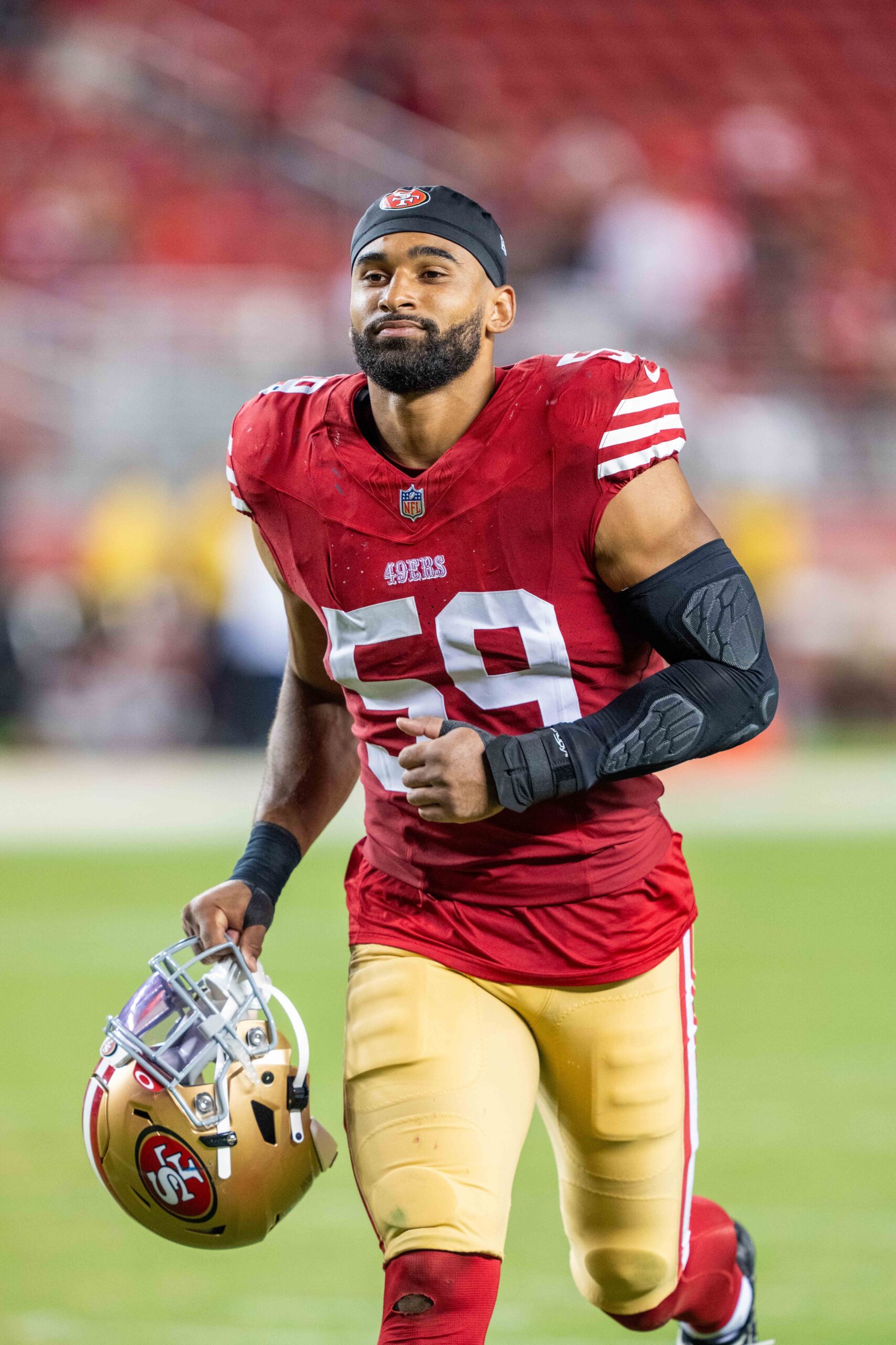 August 19, 2023; Santa Clara, California, USA; San Francisco 49ers linebacker Curtis Robinson (59) after the game against the Denver Broncos at Levi's Stadium. Mandatory Credit: Kyle Terada-Imagn Images