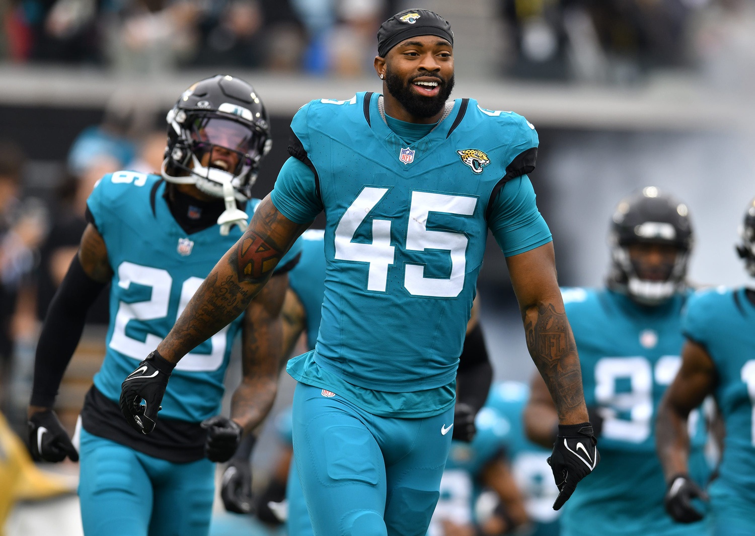 Jacksonville Jaguars linebacker K'Lavon Chaisson (45) takes the field with teammates before the start of Sunday's game against the San Francisco 49ers. The Jacksonville Jaguars hosted the San Francisco 49ers at EverBank Stadium in Jacksonville, FL Sunday, November 12, 2023. The Jaguars trailed 13 to 3 at the half. [Bob Self/Florida Times-Union] (Raiders)