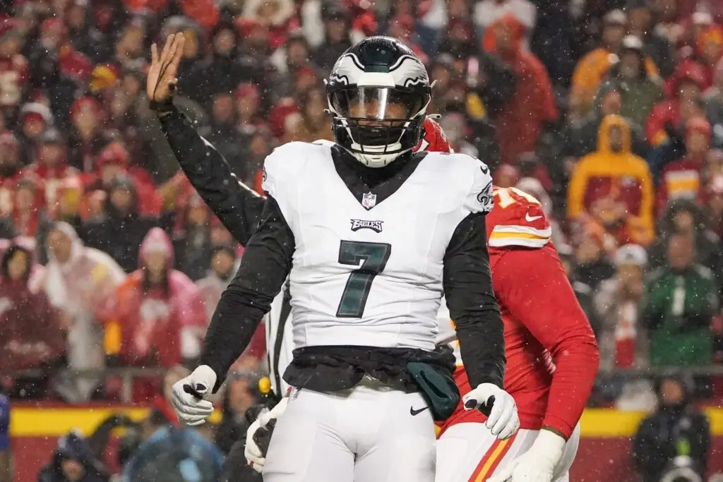 Nov 20, 2023; Kansas City, Missouri, USA; Philadelphia Eagles linebacker Haason Reddick (7) celebrates after a sack against the Kansas City Chiefs during the game at GEHA Field at Arrowhead Stadium. Mandatory Credit: Denny Medley-USA TODAY Sports