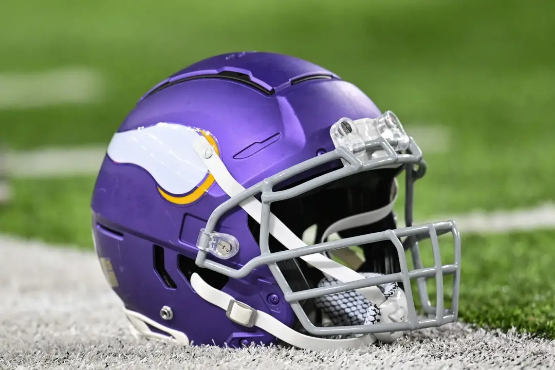 Nov 27, 2023; Minneapolis, Minnesota, USA; A Minnesota Vikings helmet sits idle on the field before the game between the Minnesota Vikings and the Chicago Bears at U.S. Bank Stadium. Mandatory Credit: Jeffrey Becker-Imagn Images