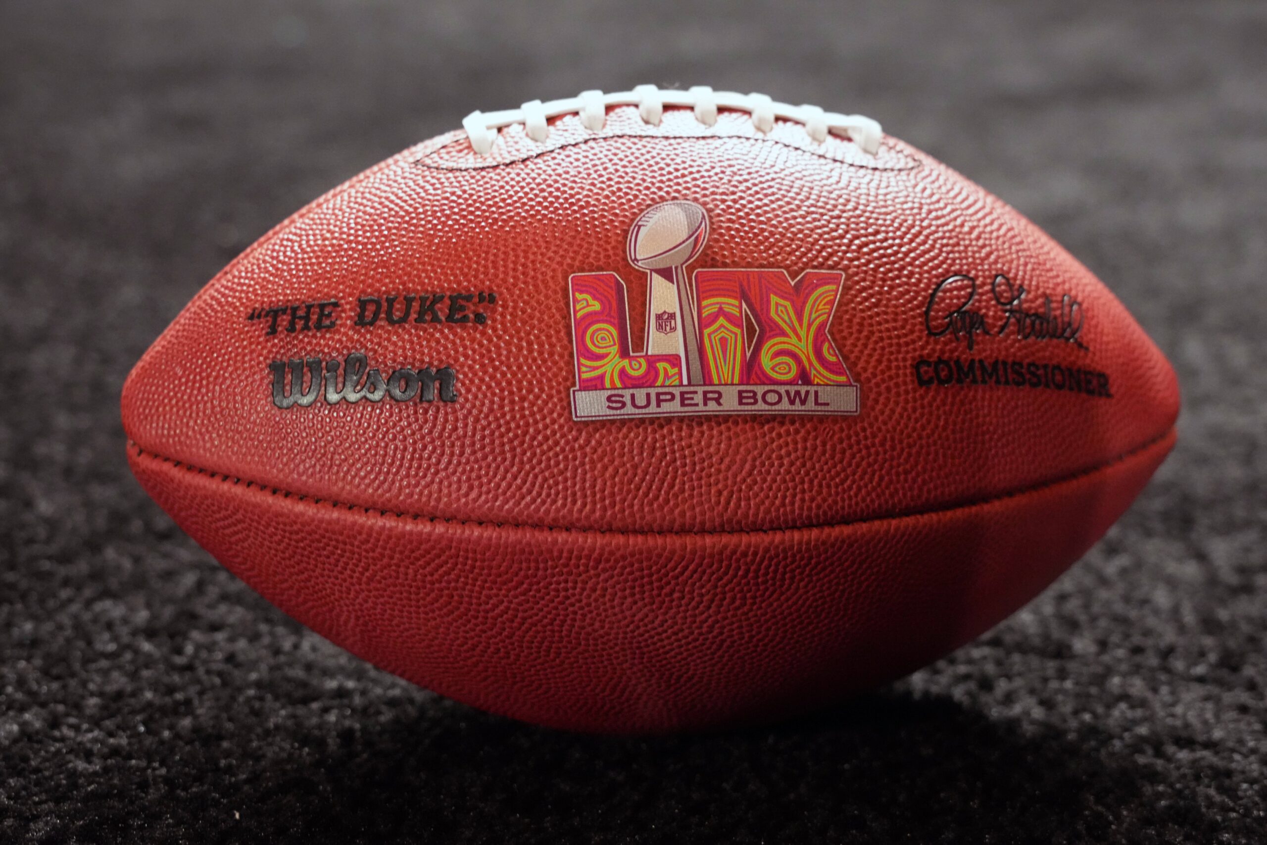 Feb 12, 2024; Las Vegas, NV, USA; A Wilson official Duke football with Super Bowl 59 LIX logo at the Super Bowl Host Committee Handoff press conference at the Super Bowl LVIII media center at the Mandalay Bay North Convention Center. Mandatory Credit: Kirby Lee-Imagn Images