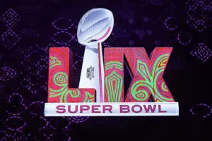 NFL news Feb 12, 2024; Las Vegas, NV, USA; The Super Bowl LIX logo at the Super Bowl Host Committee Handoff press conference at the Super Bowl LVIII media center at the Mandalay Bay North Convention Center. Mandatory Credit: Kirby Lee-Imagn Images