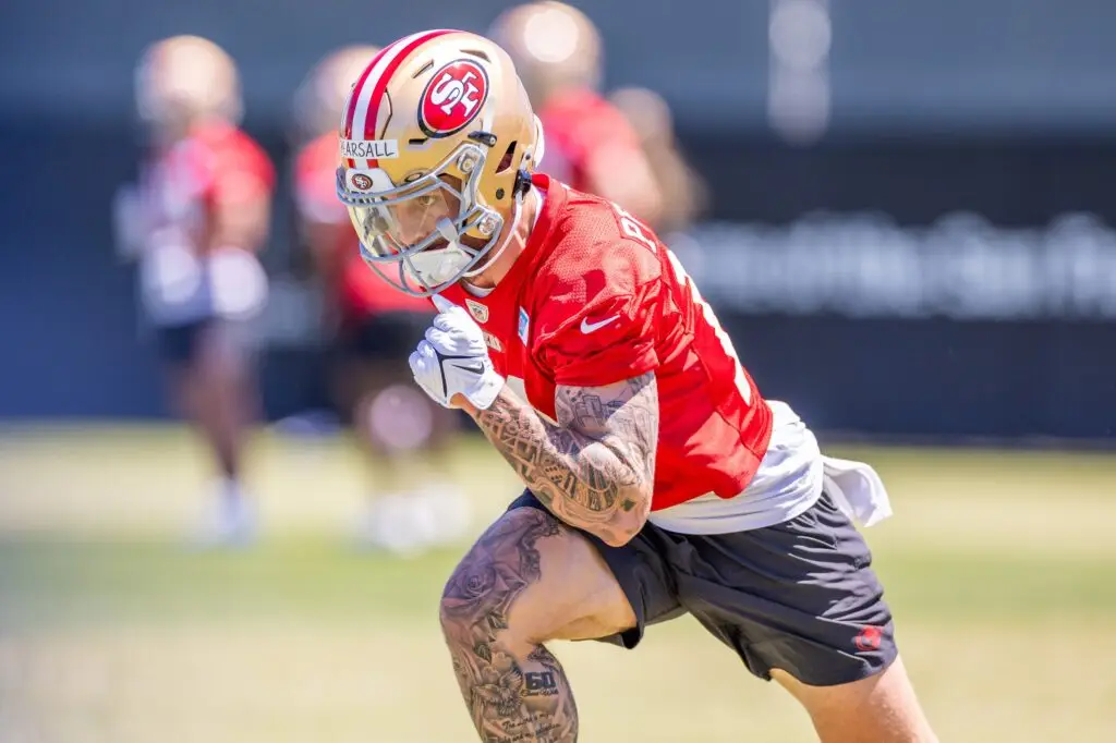 May 10, 2024; Santa Clara, CA, USA; San Francisco 49ers wide receiver Ricky Pearsall (14) runs drills during the 49ers rookie minicamp at Levi’s Stadium in Santa Clara, CA. Mandatory Credit: Robert Kupbens-USA TODAY Sports