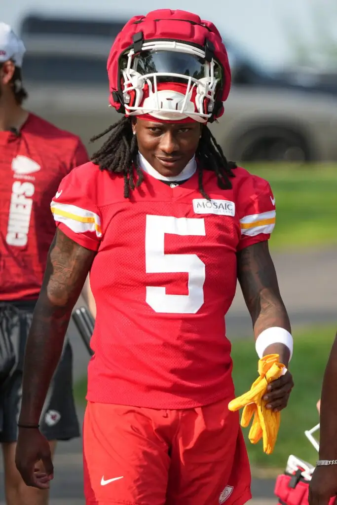 Jul 22, 2024; St. Joseph, MO, USA; Kansas City Chiefs wide receiver Marquise (Hollywood) Brown (5) walks down the hill from the locker room to the fields prior to training camp at Missouri Western State University. Mandatory Credit: Denny Medley-Imagn Images