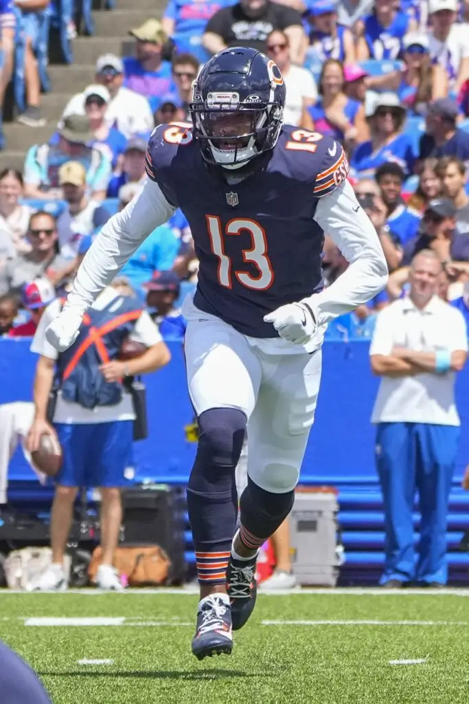 Aug 10, 2024; Orchard Park, New York, USA; Chicago Bears wide receiver Keenan Allen (13) goes in motion prior to the snap during the first half against the Buffalo Billsat Highmark Stadium. Mandatory Credit: Gregory Fisher-Imagn Images