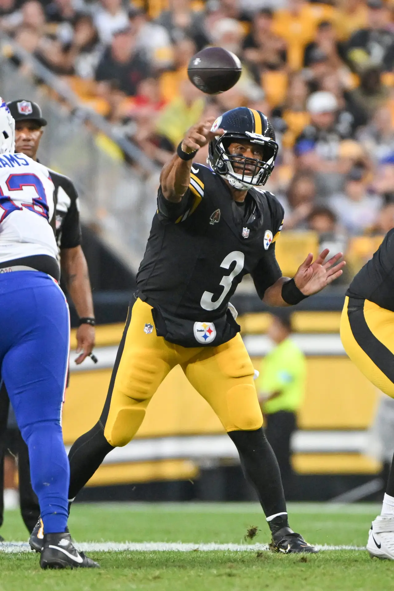 Aug 17, 2024; Pittsburgh, Pennsylvania, USA; Pittsburgh Steelers quarterback Russell Wilson (3) passes against the Buffalo Bills during the second quarter at Acrisure Stadium. Mandatory Credit: Barry Reeger-USA TODAY Sports