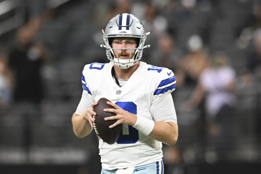 Aug 17, 2024; Paradise, Nevada, USA; Dallas Cowboys quarterback Cooper Rush (10) warms up against the Las Vegas Raiders at Allegiant Stadium. Mandatory Credit: Candice Ward-USA TODAY Sports