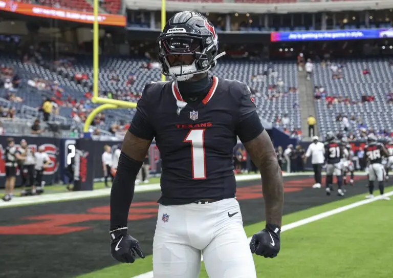 Aug 17, 2024; Houston, Texas, USA; Houston Texans wide receiver Stefon Diggs (1) before the game against the New York Giants at NRG Stadium. Mandatory Credit: Troy Taormina-USA TODAY Sports