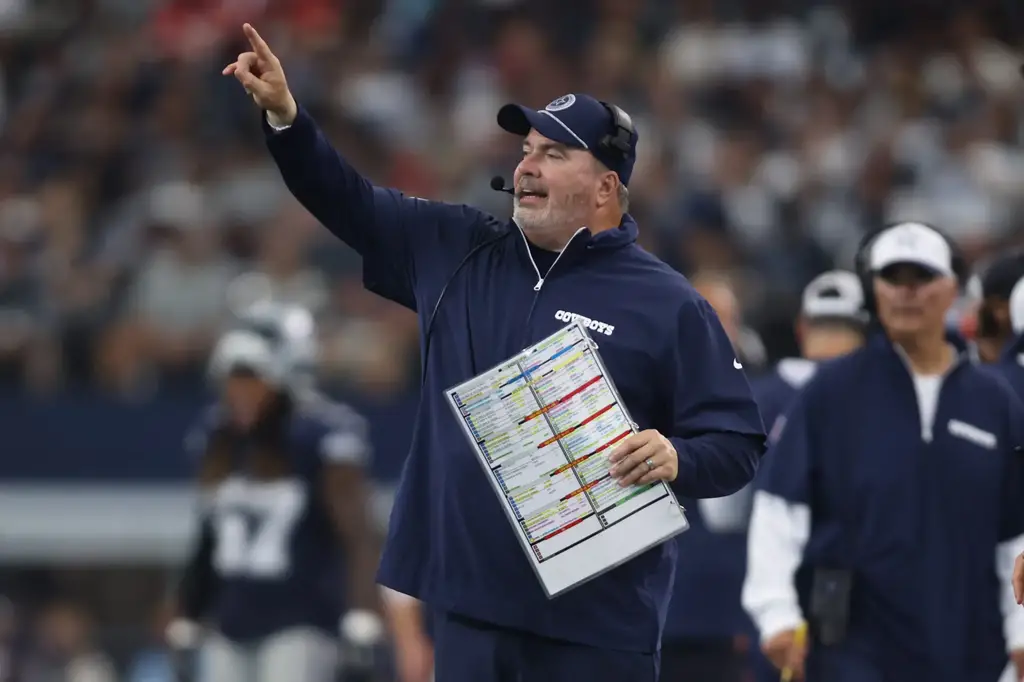 Aug 24, 2024; Arlington, Texas, USA; Dallas Cowboys head coach Mike McCarthy calls a play in the game against the Los Angeles Chargers at AT&T Stadium. Mandatory Credit: Tim Heitman-Imagn Images