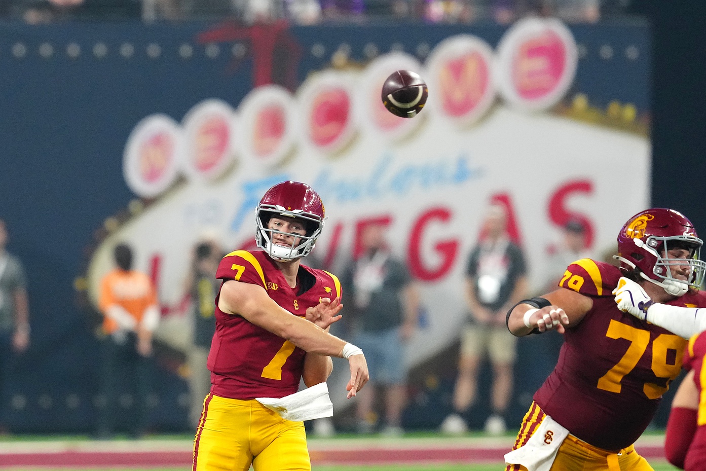 Sep 1, 2024; Paradise, Nevada, USA; Southern California Trojans quarterback Miller Moss (7) throws a pass against the LSU Tigers during the fourth quarter at Allegiant Stadium. Mandatory Credit: Stephen R. Sylvanie-Imagn Images