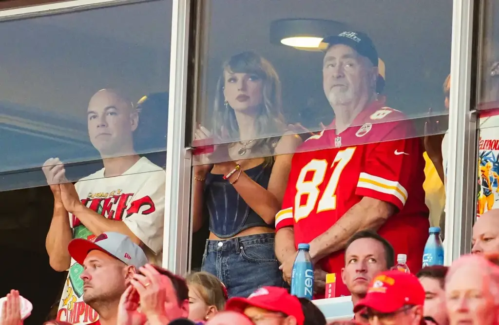 Sep 5, 2024; Kansas City, Missouri, USA; Recording artist Taylor Swift watches the action prior to a game between the Baltimore Ravens and the Kansas City Chiefs at GEHA Field at Arrowhead Stadium. Mandatory Credit: Jay Biggerstaff-Imagn Images