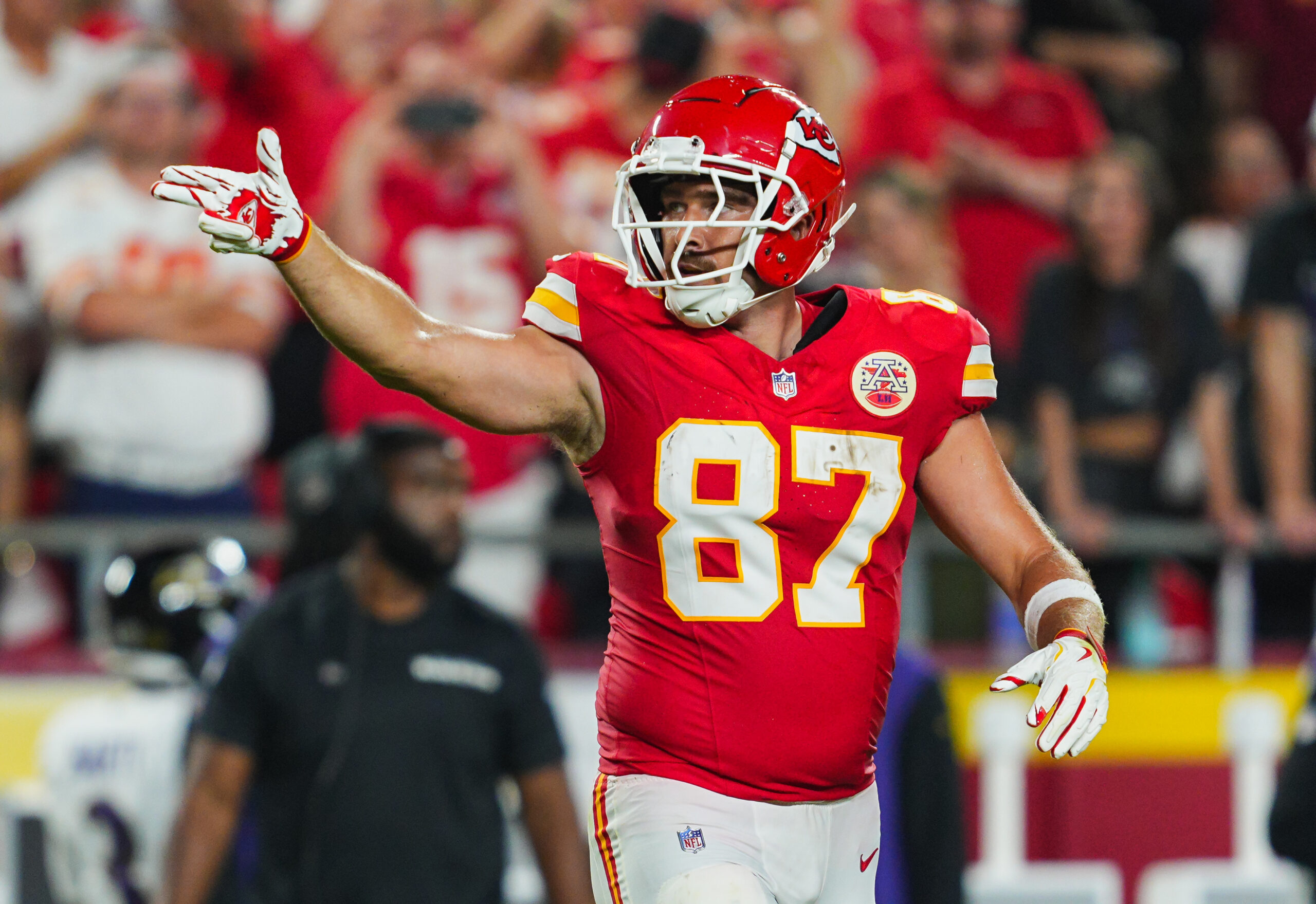 Sep 5, 2024; Kansas City, Missouri, USA; Kansas City Chiefs tight end Travis Kelce (87) reacts after a first down during the first half against the Baltimore Ravens at GEHA Field at Arrowhead Stadium. Mandatory Credit: Jay Biggerstaff-Imagn Images