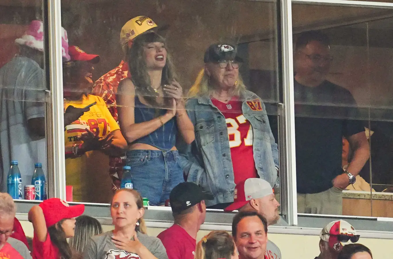 Sep 5, 2024; Kansas City, Missouri, USA; Recording artist Taylor Swift and Donna Kelce watch the action during the second half between the Baltimore Ravens and the Kansas City Chiefs at GEHA Field at Arrowhead Stadium. Mandatory Credit: Jay Biggerstaff-Imagn Images