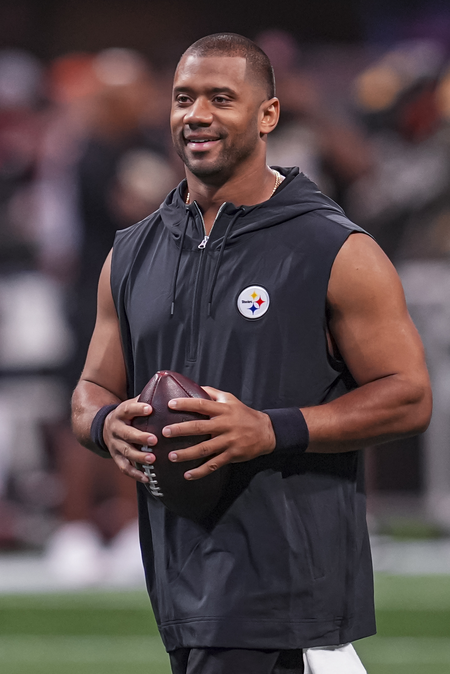 Sep 8, 2024; Atlanta, Georgia, USA; Pittsburgh Steelers quarterback Russell Wilson (3) on the field prior to the game against the Atlanta Falcons at Mercedes-Benz Stadium. Mandatory Credit: Dale Zanine-Imagn Images