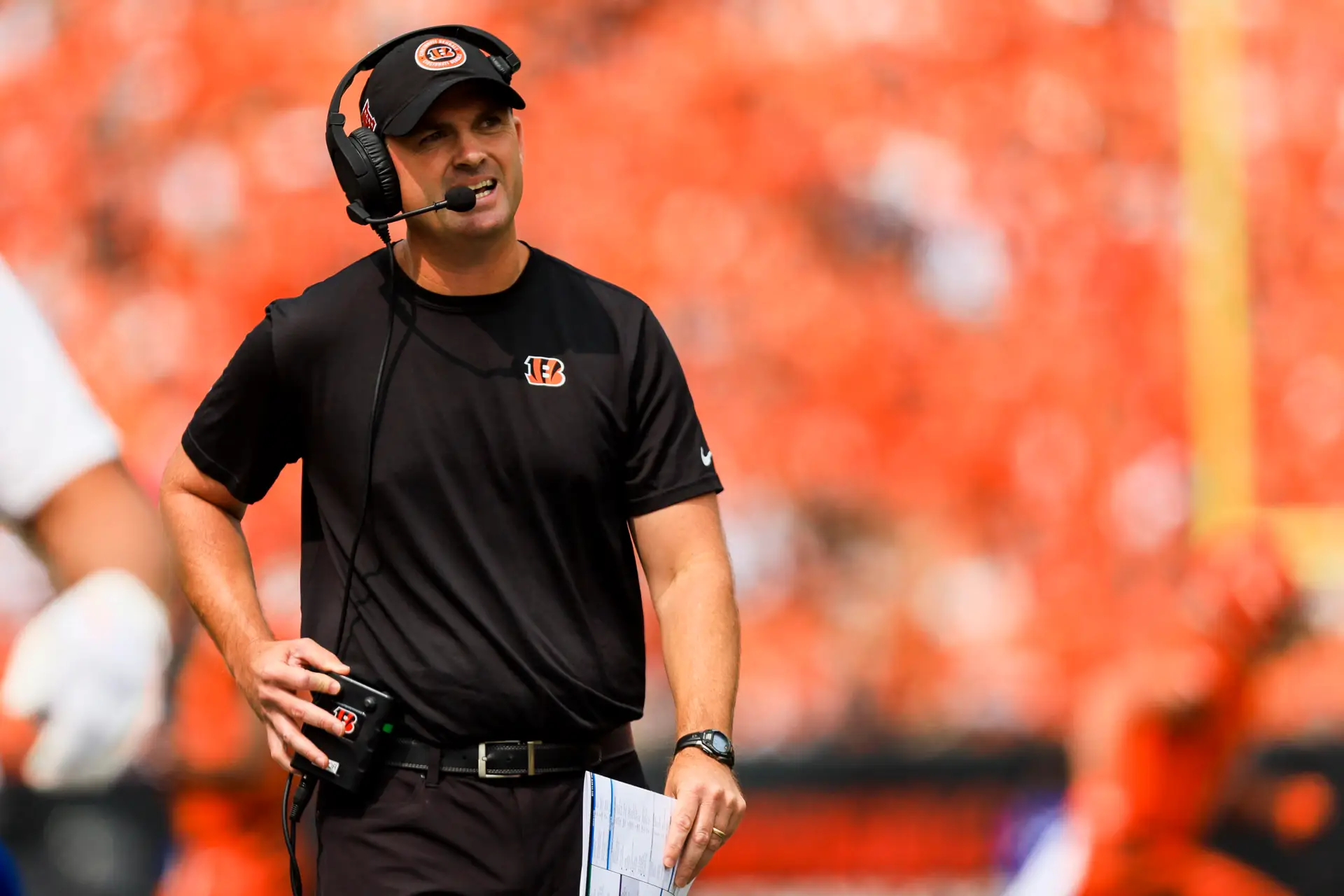 Sep 8, 2024; Cincinnati, Ohio, USA; Cincinnati Bengals head coach Zac Taylor during the first half against the New England Patriots at Paycor Stadium. Mandatory Credit: Katie Stratman-Imagn Images