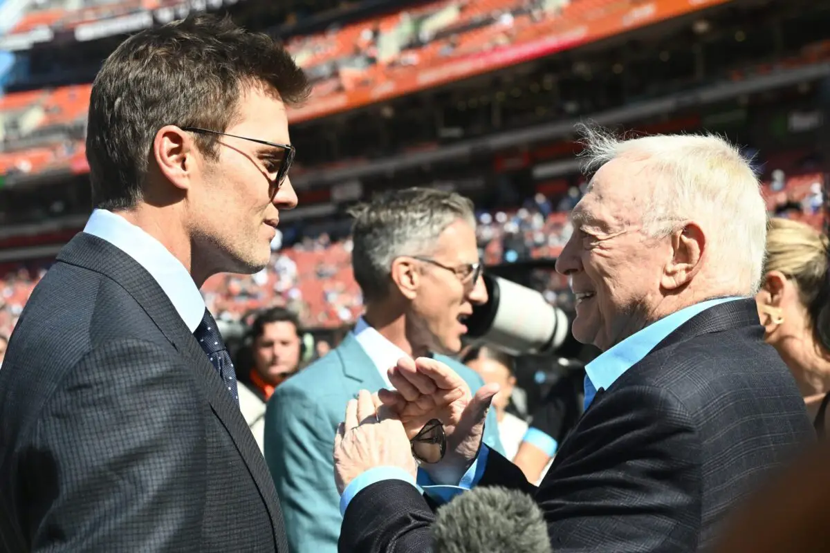 Sep 8, 2024; Cleveland, Ohio, USA; Fox Sports broadcaster Tom Brady, left, talks to Dallas Cowboys owner Jerry Jones before the game between the Cleveland Browns and the Cowboys at Huntington Bank Field. Mandatory Credit: Ken Blaze-Imagn Images