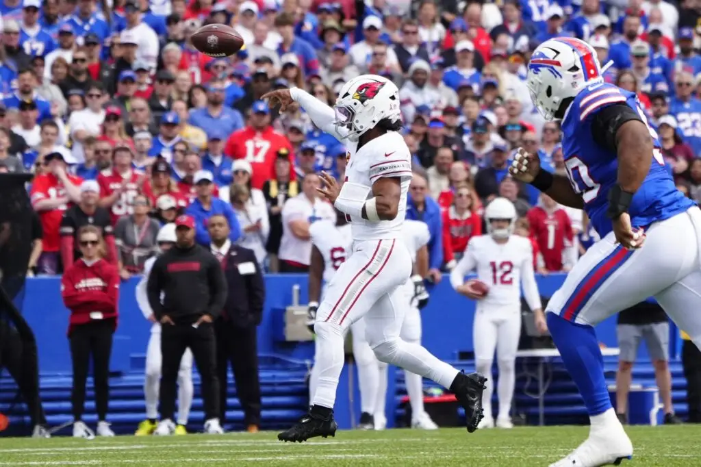 Sep 8, 2024; Orchard Park, New York, USA; Arizona Cardinals quarterback Kyler Murray (1) throws the ball against the Buffalo Bills during the first half at Highmark Stadium. Mandatory Credit: Gregory Fisher-Imagn Images