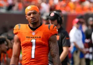 Cincinnati Bengals Ja'Marr Chase looks at the scoreboard as his team is defeated by the New England Patriots 16-10 at Paycor Stadium Sunday, September 8, 2024. The Bengals lost 16-10. © Cara Owsley / USA TODAY NETWORK