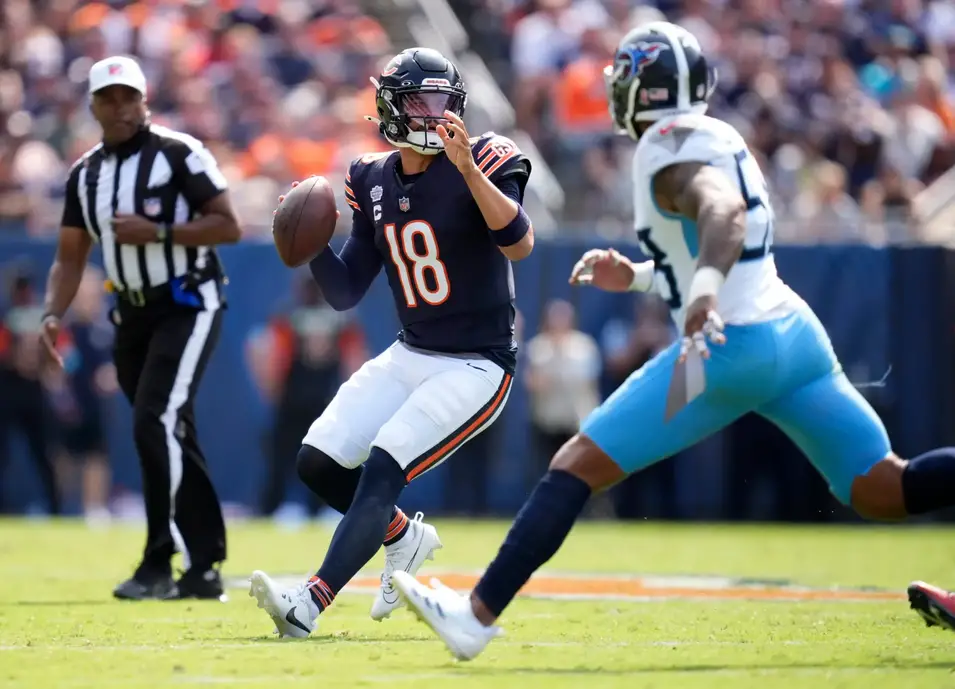 Chicago Bears quarterback Caleb Williams (18) throws a pass against the Tennessee Titans during the fourth quarter at Soldier Field in Chicago, Ill., Sunday, Sept. 8, 2024. Mandatory Credit: Andrew Nelles/USA TODAY NETWORK via Imagn Images