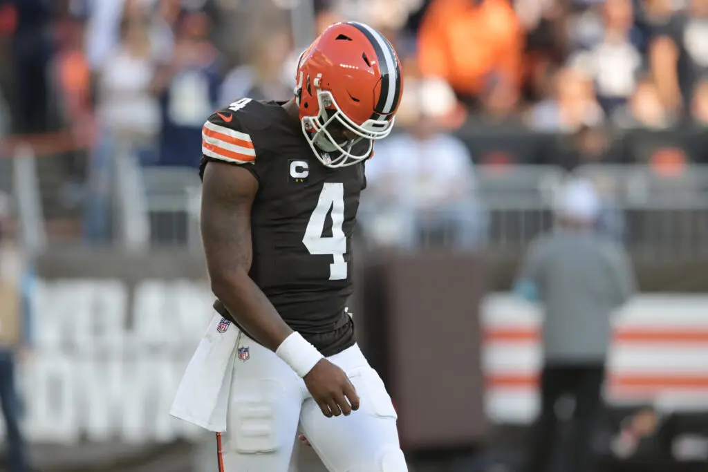 Sep 8, 2024; Cleveland, Ohio, USA; Cleveland Browns quarterback Deshaun Watson (4) walks off the field after a possession during the second half against the Dallas Cowboys at Huntington Bank Field. Mandatory Credit: Ken Blaze-Imagn Images