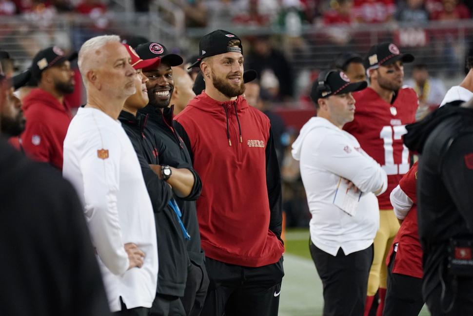 Sep 9, 2024; Santa Clara, California, USA; San Francisco 49ers wide receiver Ricky Pearsall (14) watches a game against the New York Jets from the sideline during the fourth quarter at Levi's Stadium. Mandatory Credit: David Gonzales-Imagn Images