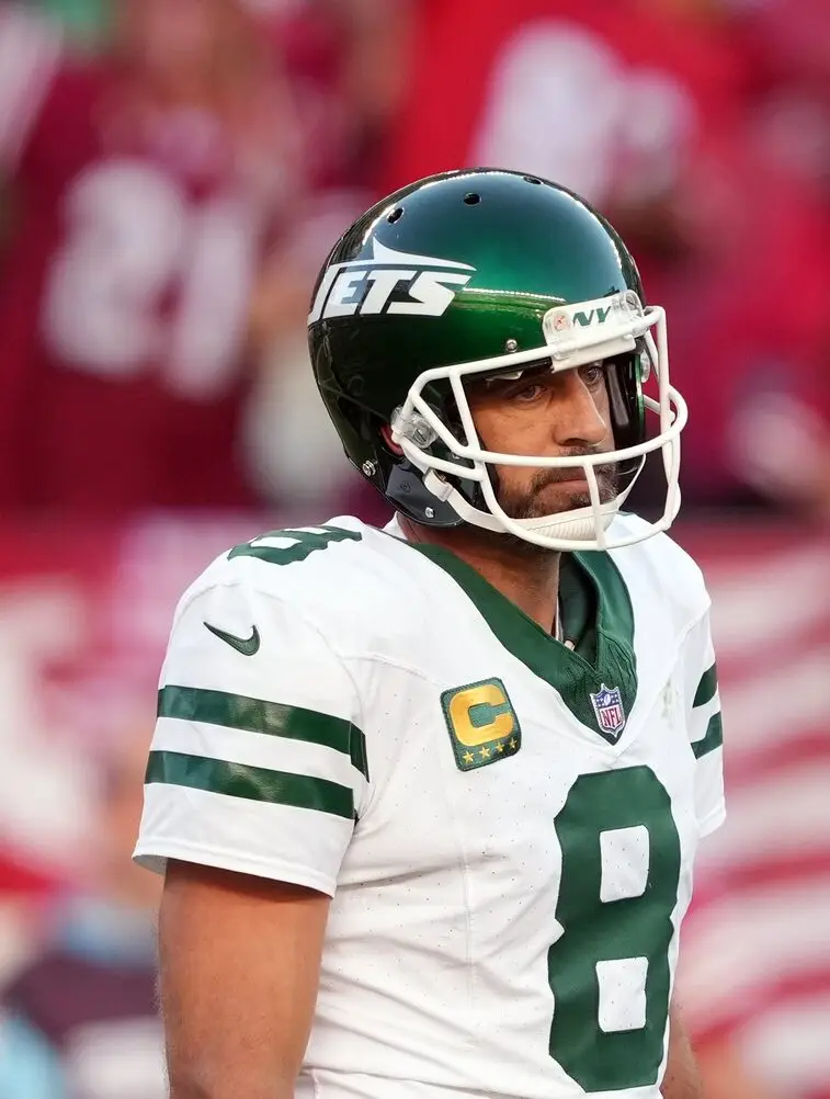 Sep 9, 2024; Santa Clara, California, USA; New York Jets quarterback Aaron Rodgers (8) stands on the field during the second quarter against the San Francisco 49ers at Levi’s Stadium. Mandatory Credit: Darren Yamashita-Imagn Images