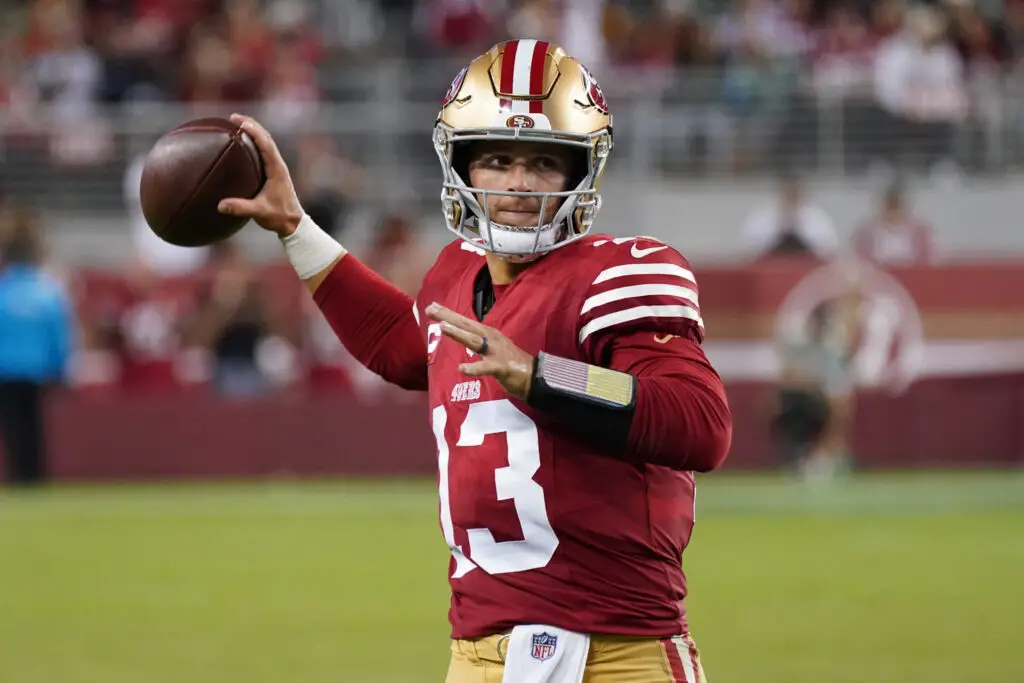 Sep 9, 2024; Santa Clara, California, USA; San Francisco 49ers quarterback Brock Purdy (13) warms up in the fourth quarter against the New York Jets at Levi's Stadium. Mandatory Credit: David Gonzales-Imagn Images