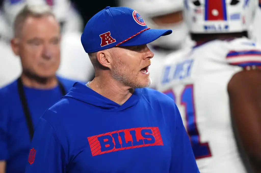 Sep 12, 2024; Miami Gardens, Florida, USA; Buffalo Bills head coach Sean McDermott walks onto the field prior to the game against the Miami Dolphins at Hard Rock Stadium. Mandatory Credit: Jasen Vinlove-Imagn Images