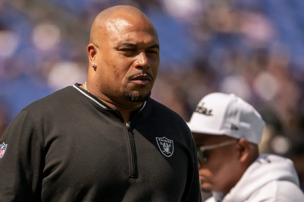 Sep 15, 2024; Baltimore, Maryland, USA; Las Vegas Raiders head coach Antonio Pierce walks the field before the game against the Baltimore Ravens at M&T Bank Stadium. Mandatory Credit: Tommy Gilligan-Imagn Images