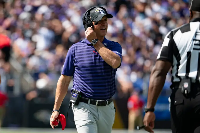 Sep 15, 2024; Baltimore, Maryland, USA; Baltimore Ravens head coach John Harbaugh speaks with an official during the first half against the Las Vegas Raiders at M&T Bank Stadium. Mandatory Credit: Tommy Gilligan-Imagn Images