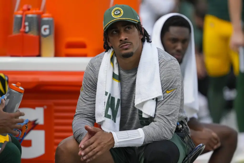 Sep 15, 2024; Green Bay, Wisconsin, USA; Green Bay Packers quarterback Jordan Love looks on from the sidelines during the fourth quarter against the Indianapolis Colts at Lambeau Field. Mandatory Credit: Jeff Hanisch-Imagn Images