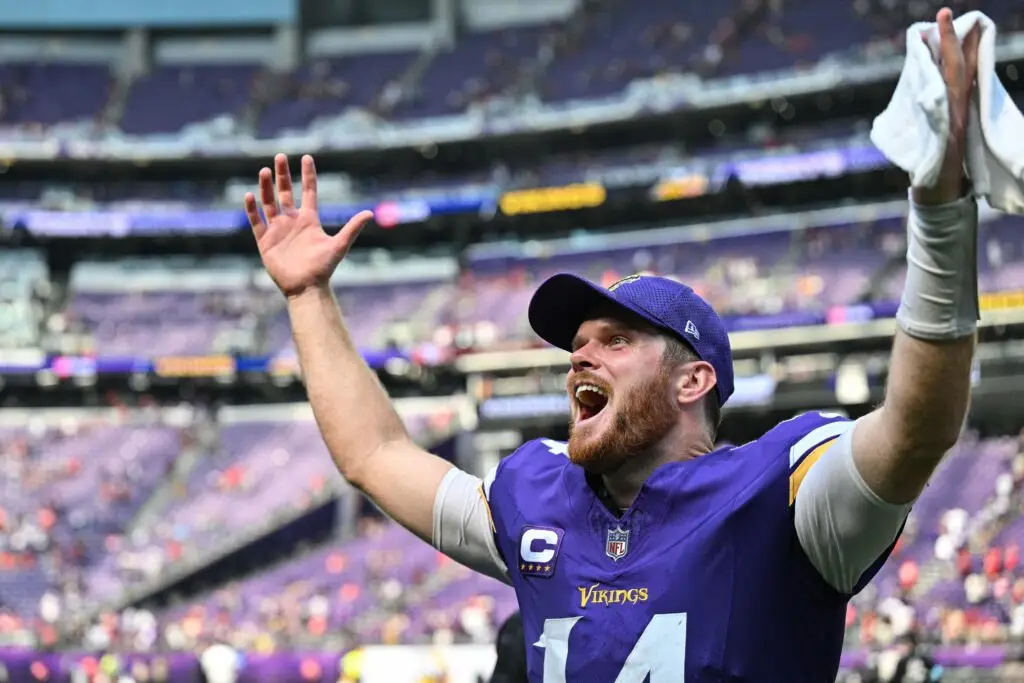 Sep 15, 2024; Minneapolis, Minnesota, USA; Minnesota Vikings quarterback Sam Darnold (14) reacts after the game against the San Francisco 49ers at U.S. Bank Stadium. Mandatory Credit: Jeffrey Becker-Imagn Images