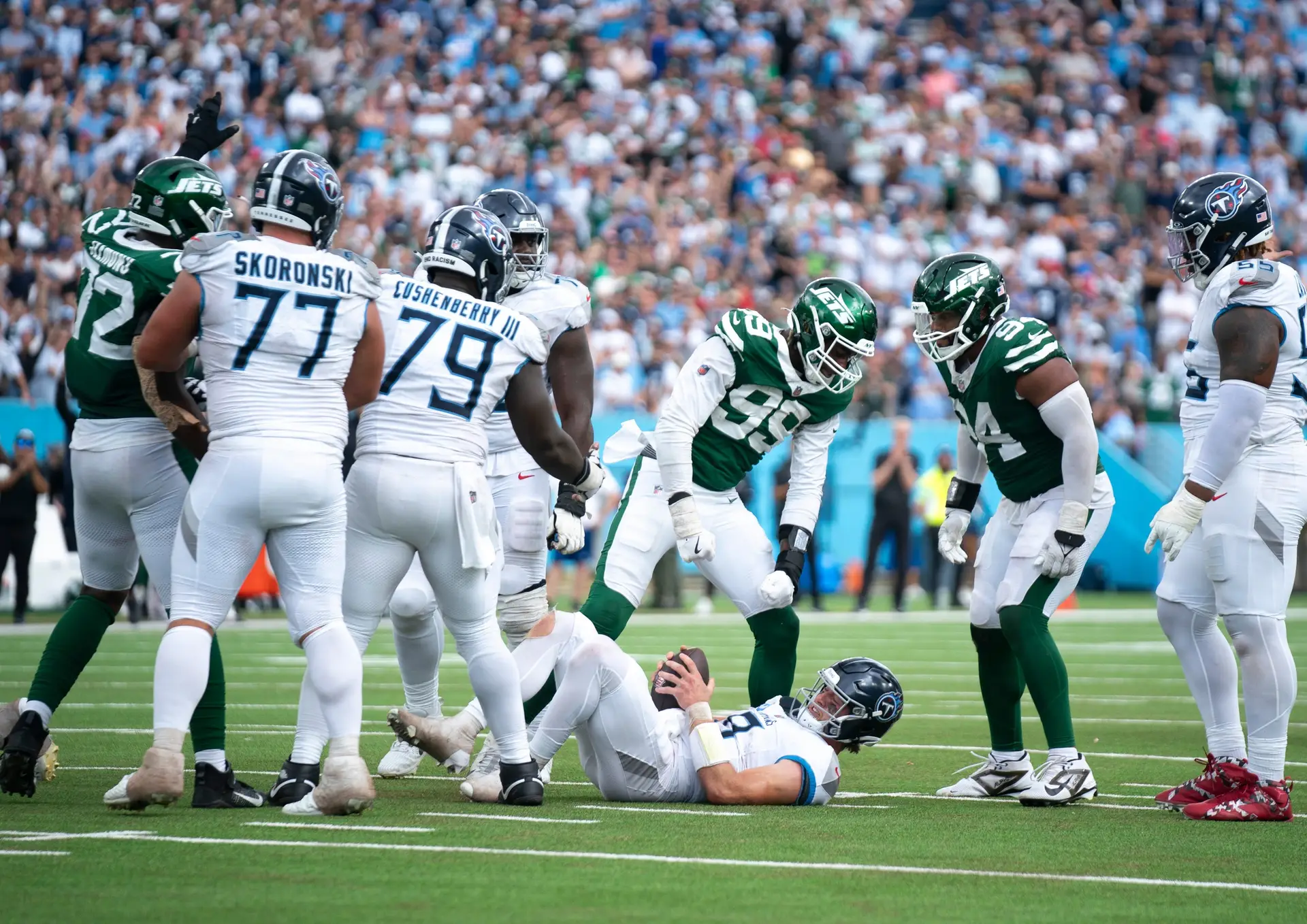 Tennessee Titans quarterback Will Levis (8) is sacked on third down by New York Jets defensive end Will McDonald IV (99) and defensive end Solomon Thomas (94) on third down with seconds to play in their game at Nissan Stadium in Nashville, Tenn., Sunday, Sept. 15, 2024. The New York Jets beat the Tennessee Titans 24-17.