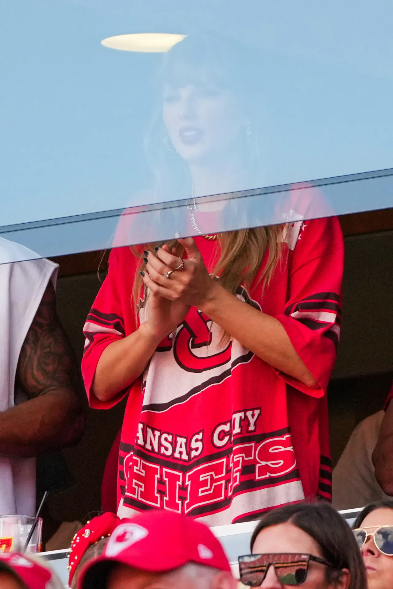 Sep 15, 2024; Kansas City, Missouri, USA; Recording artist Taylor Swift watches play during the first half of the game between the Kansas City Chiefs and Cincinnati Bengals at GEHA Field at Arrowhead Stadium. Mandatory Credit: Denny Medley-Imagn Images