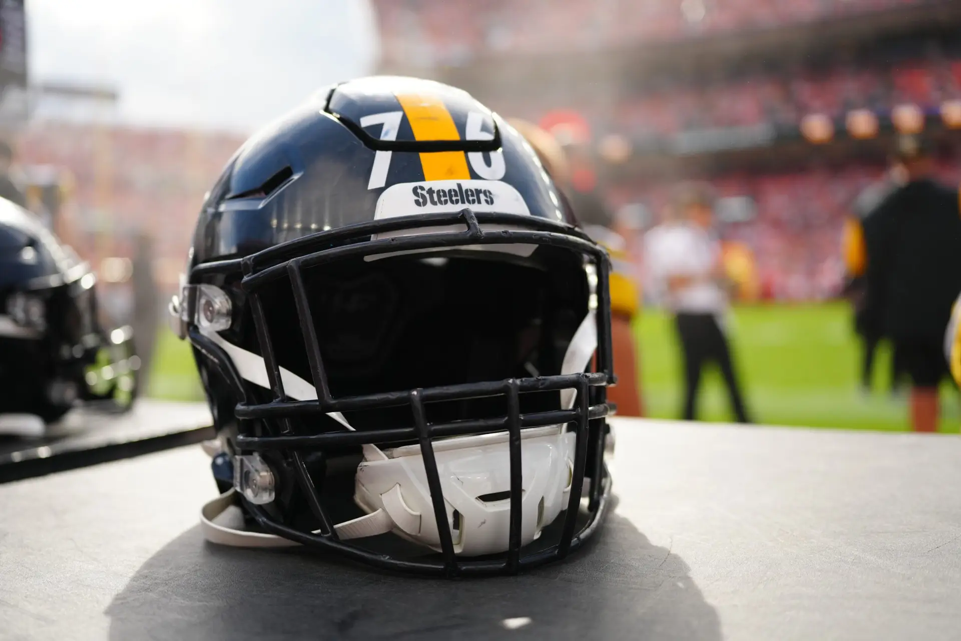 Sep 15, 2024; Denver, Colorado, USA; Detailed view of the helmet worn by Pittsburgh Steelers offensive tackle Troy Fautanu (76) (not pictured) during the game against the Denver Broncos at Empower Field at Mile High. Mandatory Credit: Ron Chenoy-Imagn Images
