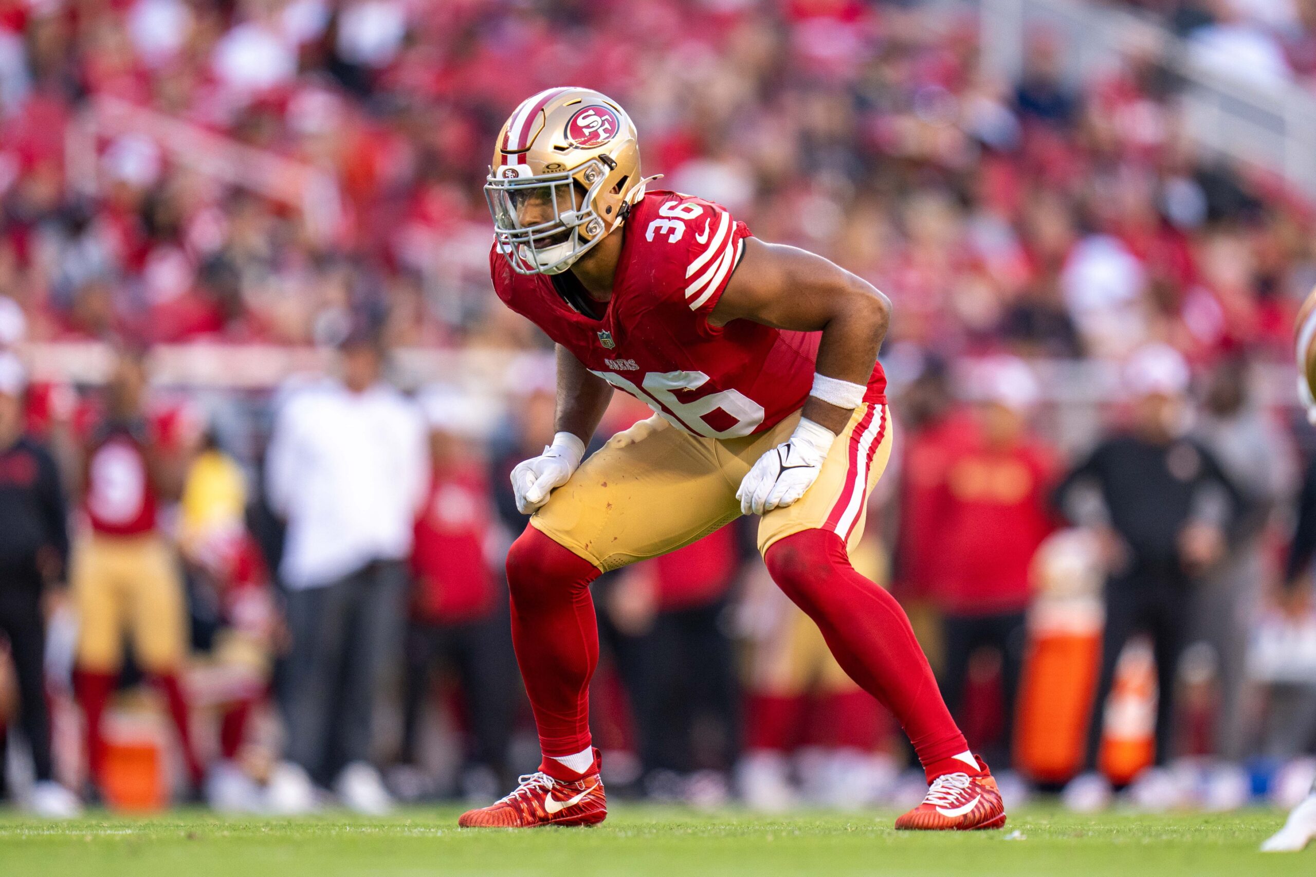 August 18, 2024; Santa Clara, California, USA; San Francisco 49ers linebacker Curtis Robinson (36) during the third quarter against the New Orleans Saints at Levi's Stadium. Mandatory Credit: Kyle Terada-Imagn Images