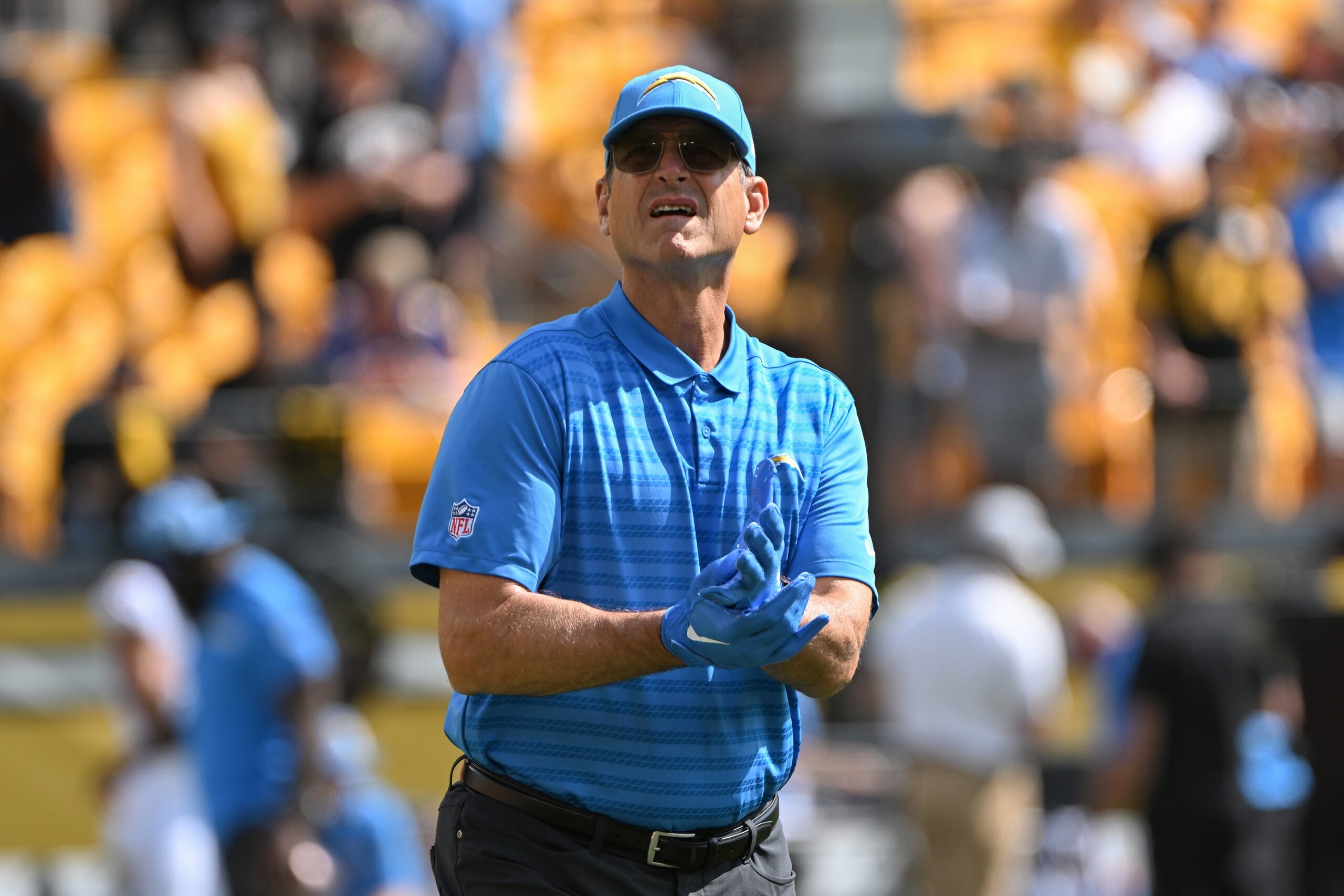 Sep 22, 2024; Pittsburgh, Pennsylvania, USA; Los Angeles Chargers head coach Jim Harbaugh looks on before the game against the Pittsburgh Steelers at Acrisure Stadium. Mandatory Credit: Barry Reeger-Imagn Images