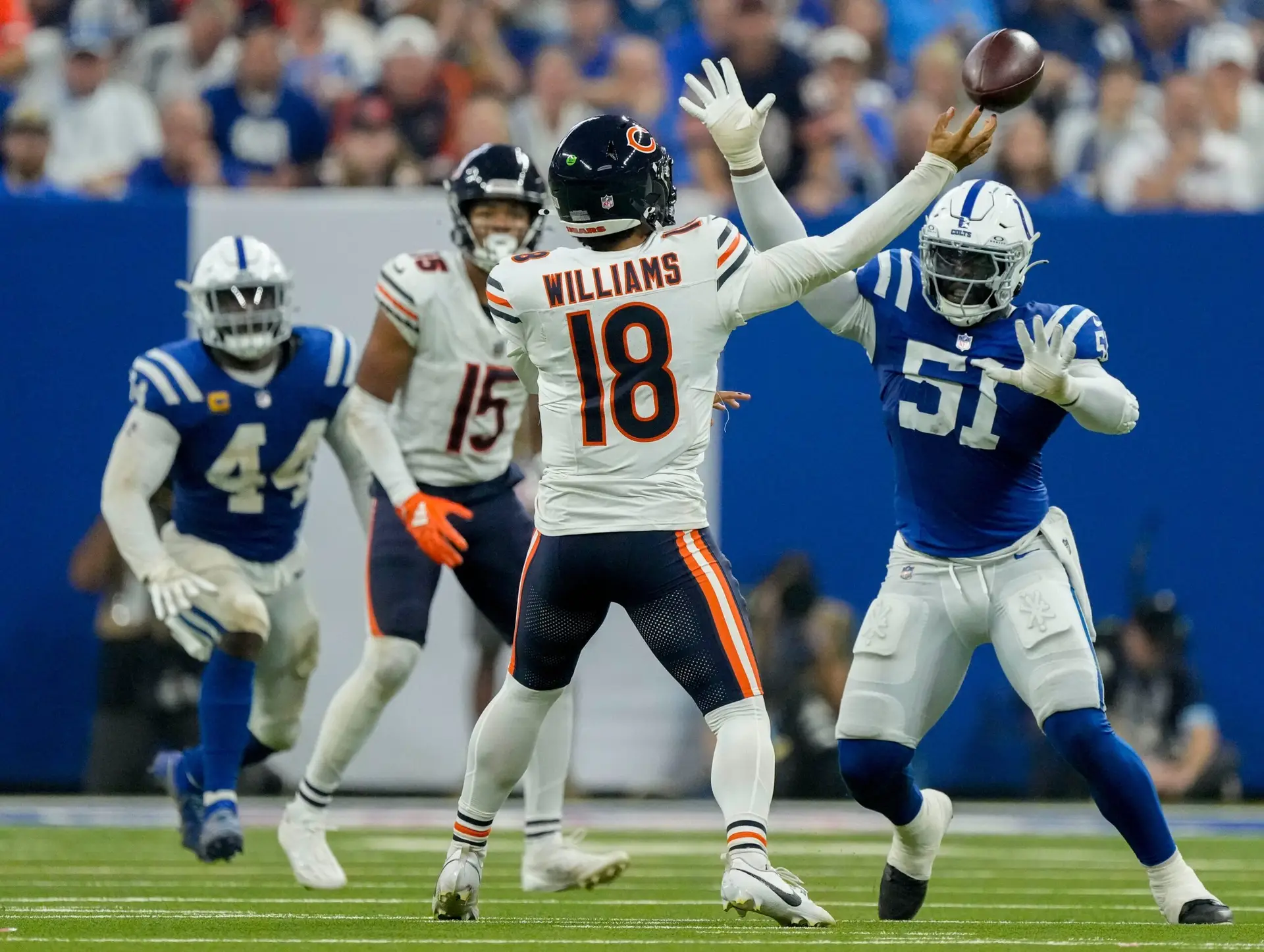"I Don’t Want To" Bears' Caleb Williams Enrages Fans With Horrible Comment Leaked To Public 4 Indianapolis Colts defensive end Kwity Paye (51) pressures Chicago Bears quarterback Caleb Williams (18) on Sunday, Sept. 22, 2024, during a game against the Chicago Bears at Lucas Oil Stadium in Indianapolis.