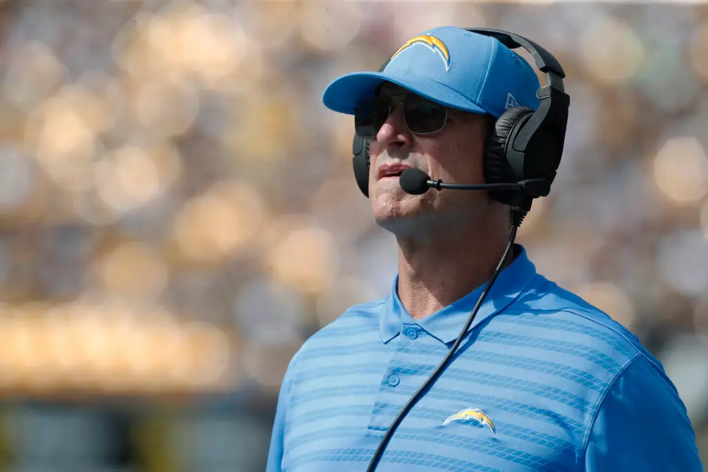 Sep 22, 2024; Pittsburgh, Pennsylvania, USA; Los Angeles Chargers head coach Jim Harbaugh looks on from the sidelines during the second quarter against the Pittsburgh Steelers at Acrisure Stadium. Mandatory Credit: Charles LeClaire-Imagn Images