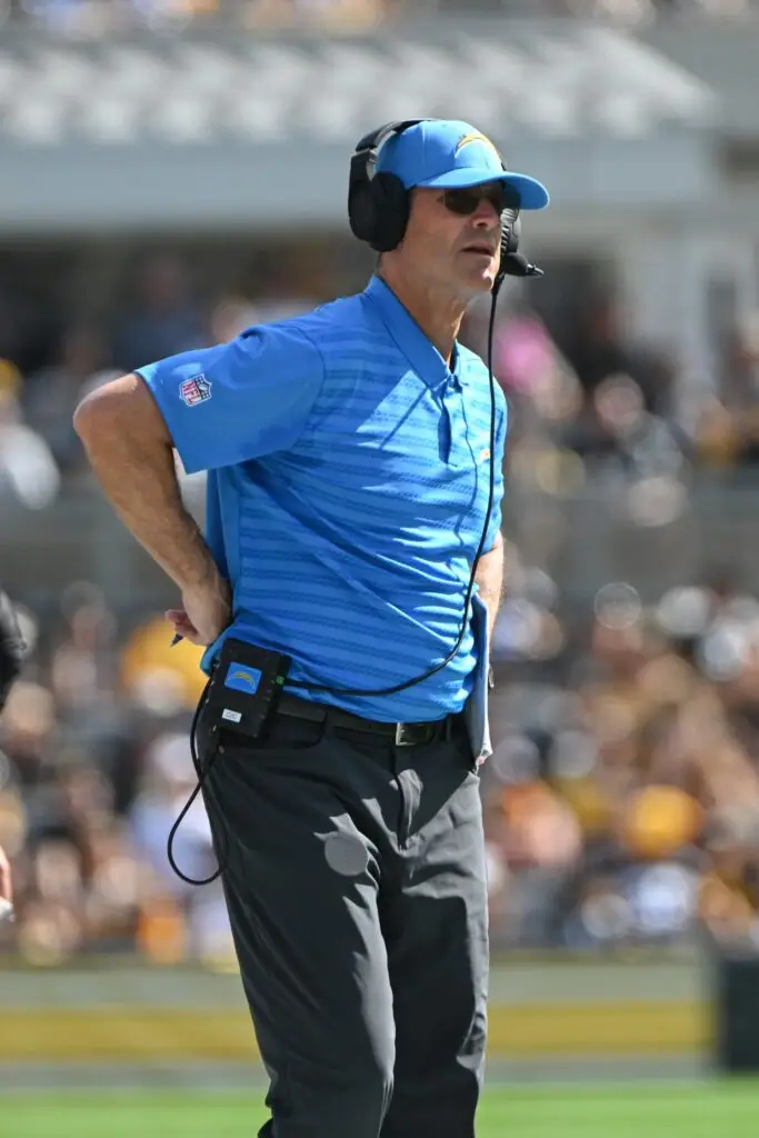 Sep 22, 2024; Pittsburgh, Pennsylvania, USA; Los Angeles Chargers head coach Jim Harbaugh reacts during the third quarter against the Pittsburgh Steelers at Acrisure Stadium. Mandatory Credit: Barry Reeger-Imagn Images