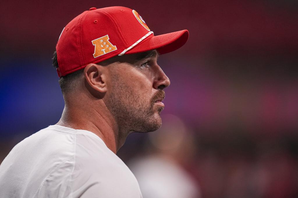 Sep 22, 2024; Atlanta, Georgia, USA; Kansas City Chiefs tight end Travis Kelce (87) on the field prior to the game against the Atlanta Falcons at Mercedes-Benz Stadium. Mandatory Credit: Dale Zanine-Imagn Images