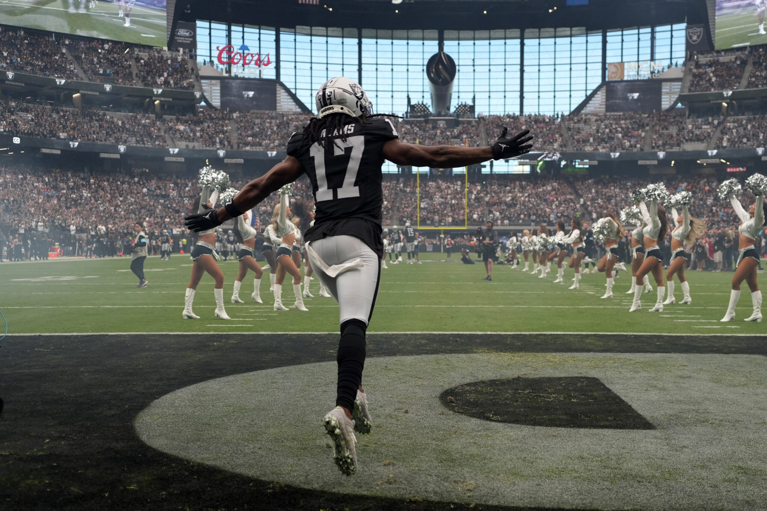 Sep 22, 2024; Paradise, Nevada, USA; Las Vegas Raiders wide receiver Davante Adams (17) enters the field before the game against the Carolina Panthers at Allegiant Stadium. Mandatory Credit: Kirby Lee-Imagn Images