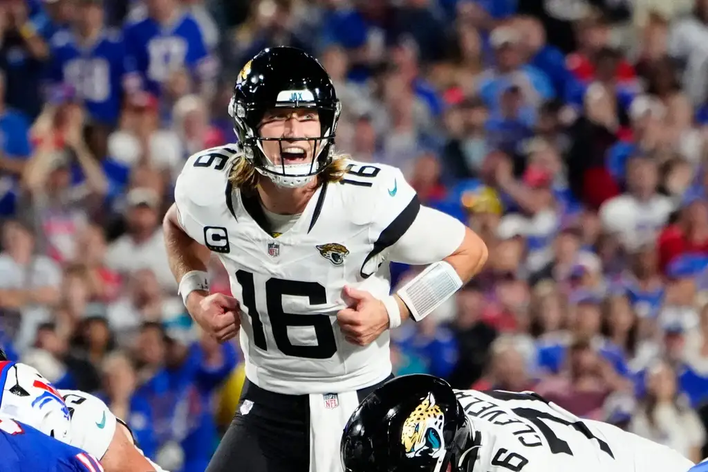 Sep 23, 2024; Orchard Park, New York, USA; Jacksonville Jaguars quarterback Trevor Lawrence (16) calls signals against the Buffalo Bills during the second half at Highmark Stadium. Mandatory Credit: Gregory Fisher-Imagn Images