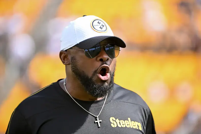 Sep 22, 2024; Pittsburgh, Pennsylvania, USA; Pittsburgh Steelers head coach Mike Tomlin watches warmups for a game against the Los Angeles Chargers at Acrisure Stadium. Mandatory Credit: Barry Reeger-Imagn Images