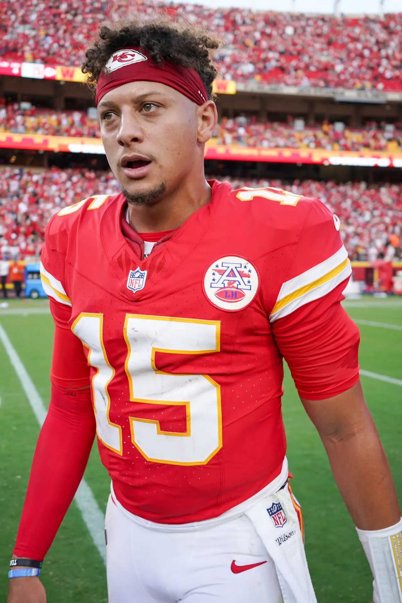 Sep 15, 2024; Kansas City, Missouri, USA; Kansas City Chiefs quarterback Patrick Mahomes (15) on field after the win over the Cincinnati Bengals at GEHA Field at Arrowhead Stadium. Mandatory Credit: Denny Medley-Imagn Images