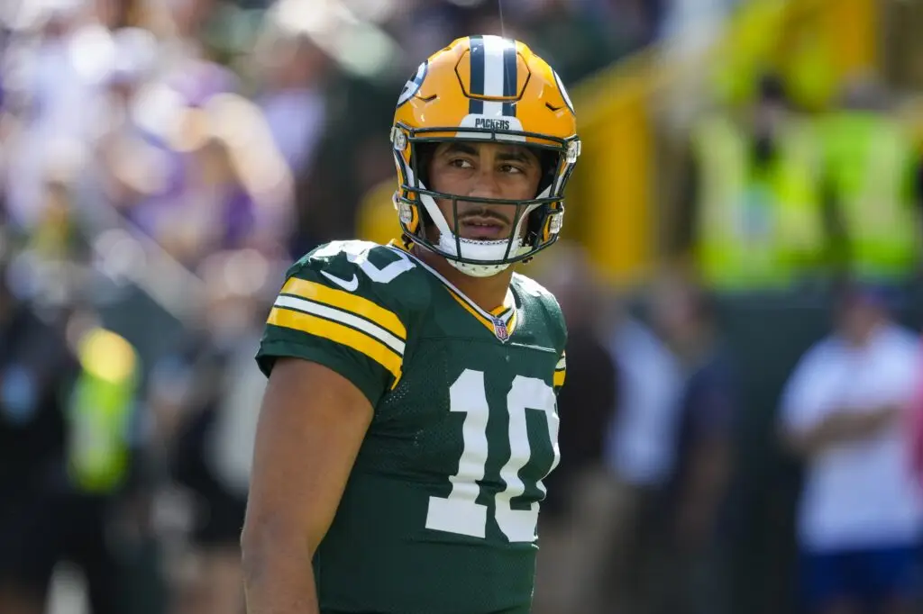 Sep 29, 2024; Green Bay, Wisconsin, USA; Green Bay Packers quarterback Jordan Love (10) looks on during warmups prior to the game against the Minnesota Vikings at Lambeau Field. Mandatory Credit: Jeff Hanisch-Imagn Images