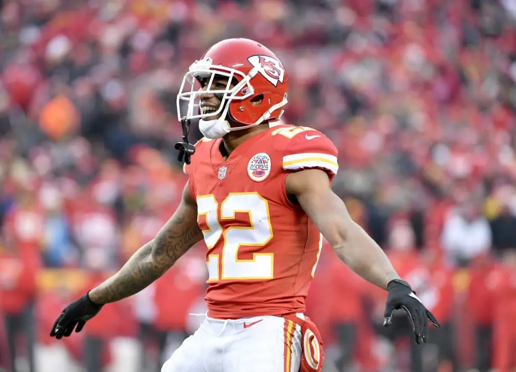 Jan 6, 2018; Kansas City, MO, USA; Kansas City Chiefs cornerback Marcus Peters (22) dances on field in the AFC Wild Card playoff football game against the Tennessee Titans at Arrowhead stadium. Mandatory Credit: Denny Medley-Imagn Images